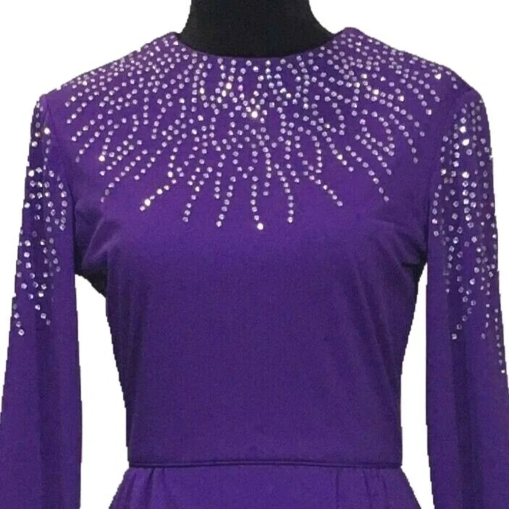 VTG RANDYS Glamorous Knit‎ Jersey Long Dress Dark Purple Rhinestone Embellish